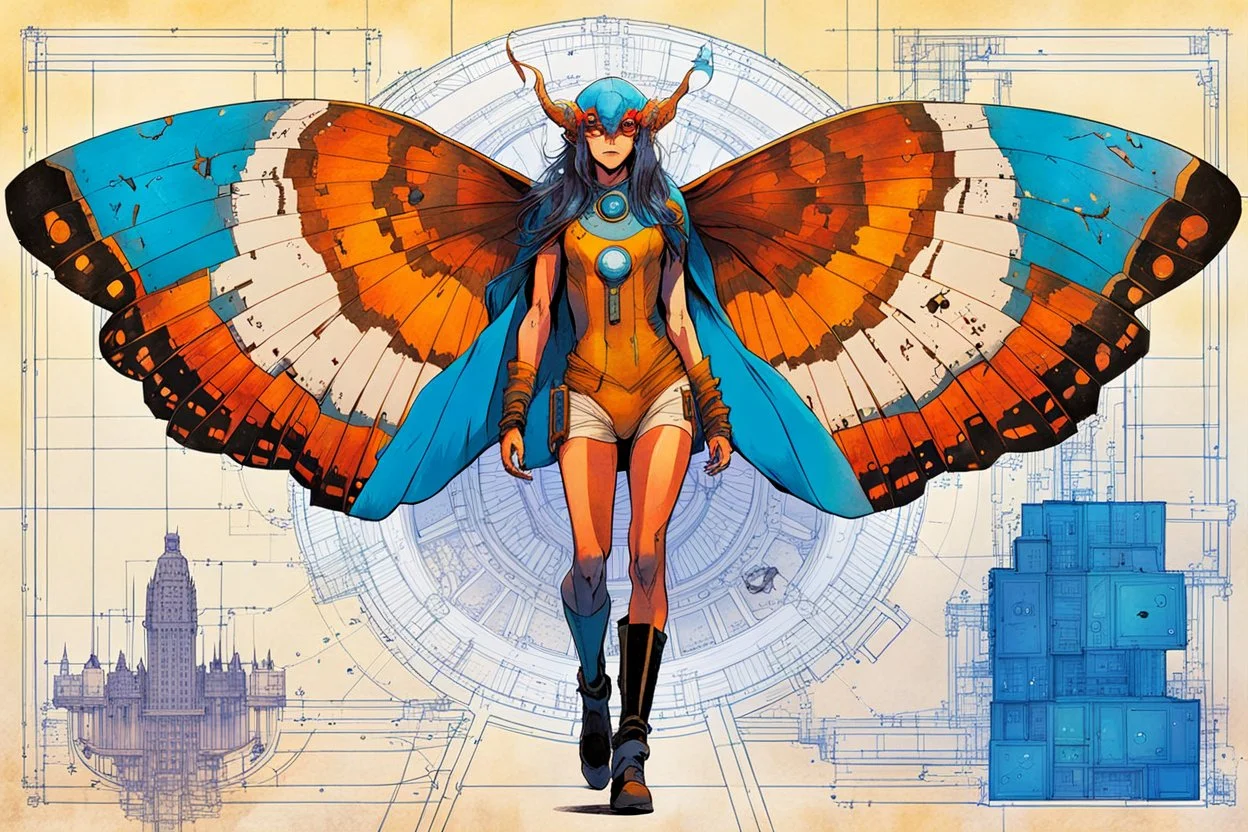 Hand drawn technical,full body portrait illustration , with detailed blueprints and engineering schematics of a walking Atlas moth insect girl, in the comic book art style of BILL SIENKIEWICZ and JEAN GIRAUD MOEBIUS, with highly detailed facial features, drawings, and technical notation, 8k, vibrant natural colors