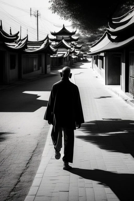 Black & white man walks on road's chinese village with playing light and shadow as ho fan style