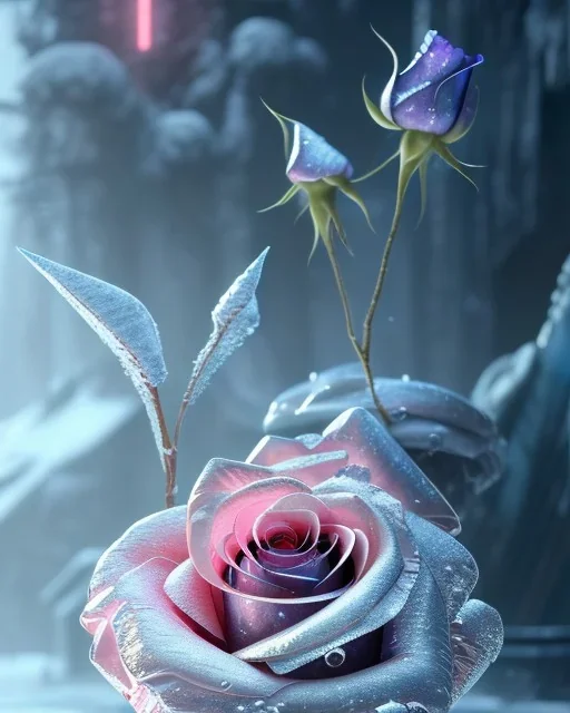 A frozen rose by pascal blanche rutkowski repin artstation hyperrealism painting concept art of detailed character design matte painting, 4 k resolution blade runner, digital Art, perfect composition, beautiful detailed intricate insanely detailed octane render trending on artstation, 8 k artistic photography, photorealistic concept art, soft natural volumetric