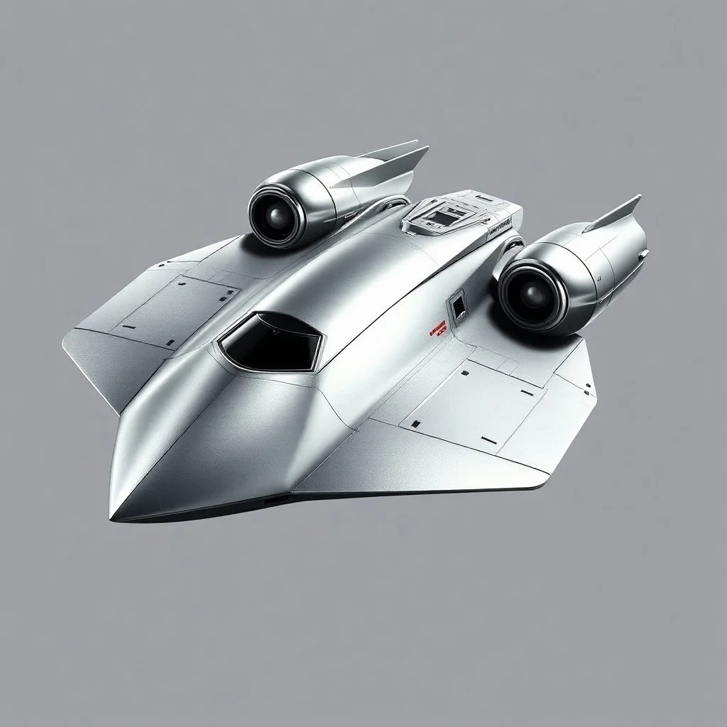 A sleek, futuristic spacecraft inspired by the Orion from the 1960s German science fiction series Raumpatrouille Orion. The ship should have a silver, metallic surface with a slightly bulbous, streamlined front end. It features angular, sharp lines along the body, with large, prominent engine sections at the rear. The overall shape is a mix of retro-futuristic design, blending elements of 1960s space aesthetics with modern sci-fi details. The spaceship should have two large, circular engine pods