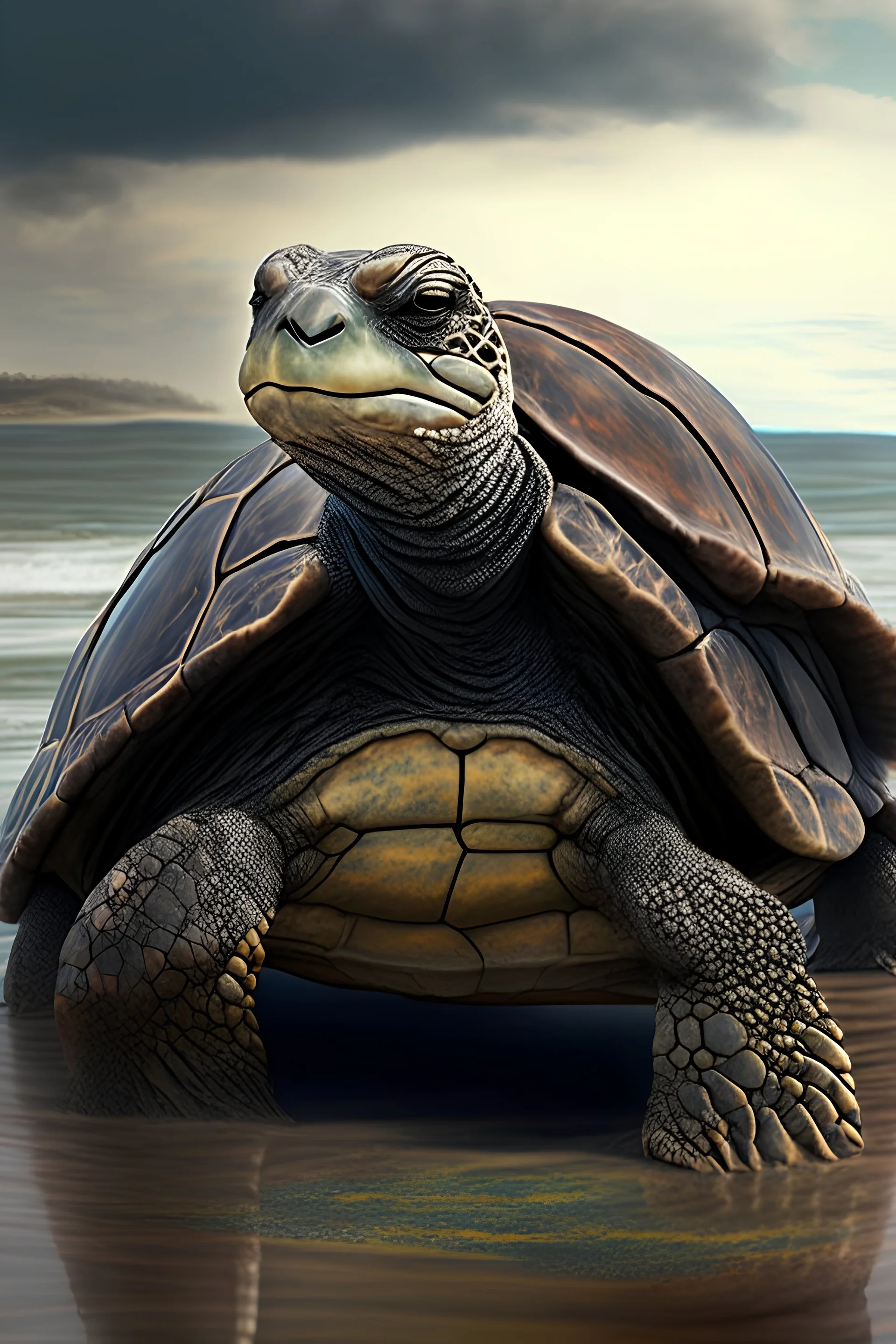 portrait of a old turtle standing on the coast of ondian ocean , realistic