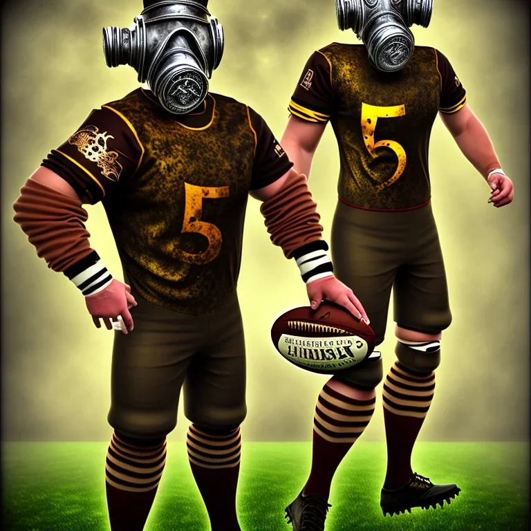 Joueur de rugby steampunk, masque à gaz, vêtements noirs, numéro de maillot = 666