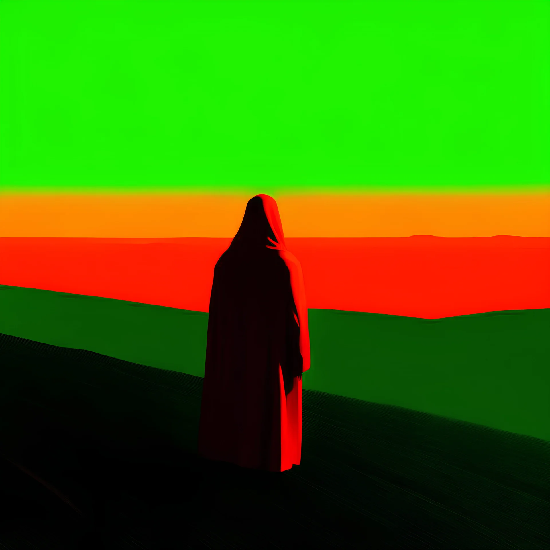 distant hooded figure. red gold and green landscape.