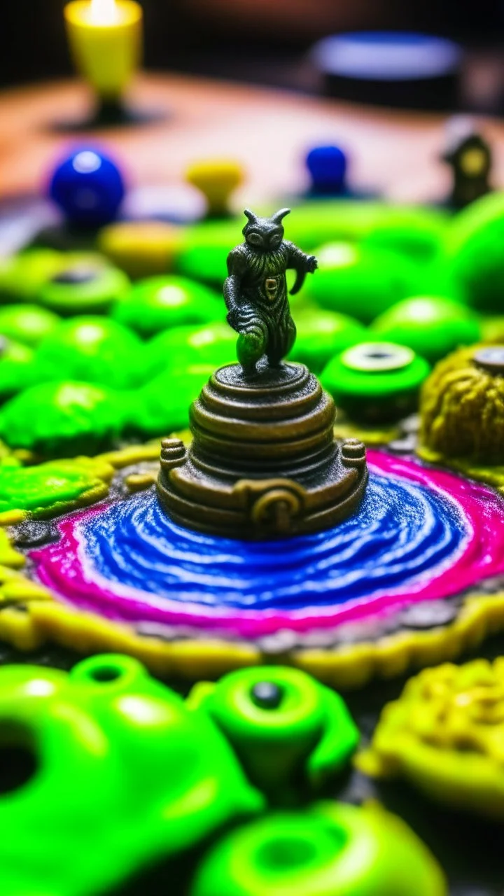 macro of a board game with a small spiral staircase that ends in a wild waterfall, fujifilm, behind a huge orc hand opens like a storm