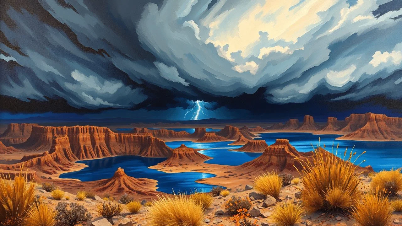 Theme: Dramatic Nature Details: A fierce storm brews over a rugged Badlands environment. Dark, ominous clouds swirl above, casting shadows across the land. Deep blue water fills the ponds below, mirroring the tempestuous sky. The foreground features a mixture of jagged rocks and wild brush, with occasional flashes of lightning illuminating the scene, creating a sense of drama and tension. Artistic Style: Expressionistic, capturing the emotion of the storm through bold colors and dynamic brushwor