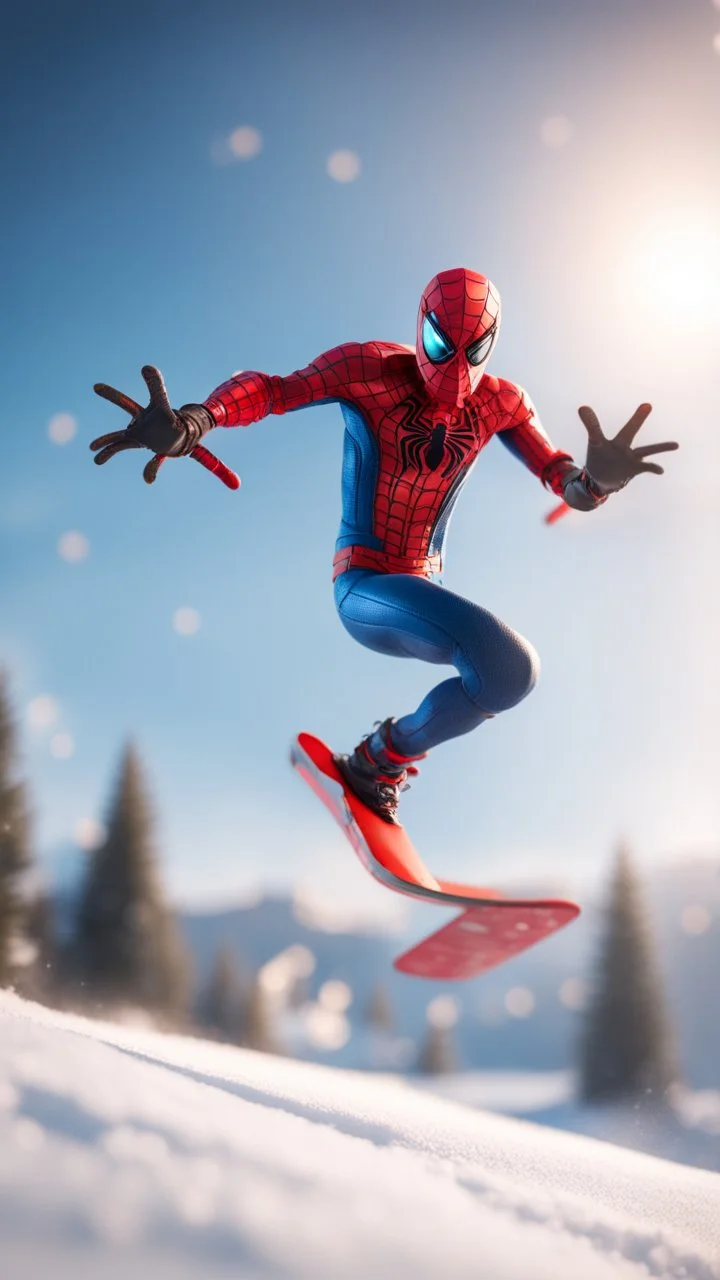 spider man jumping doing winter freestyle ski jump half pipe trick on snowboard, bokeh like f/0.8, tilt-shift lens 8k, high detail, smooth render, down-light, unreal engine, prize winning