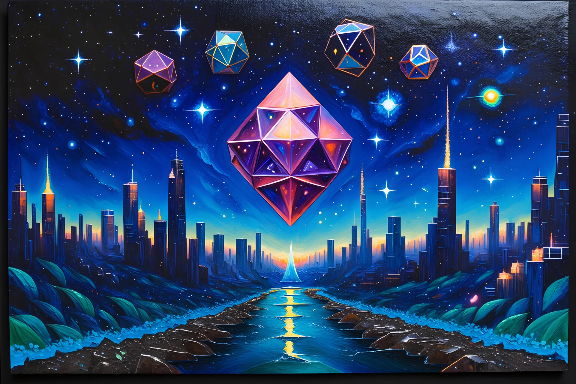 Microcosmic Life (ThreeBody problem), acrylic painting, platonic solids in an alien city, extremely alien city