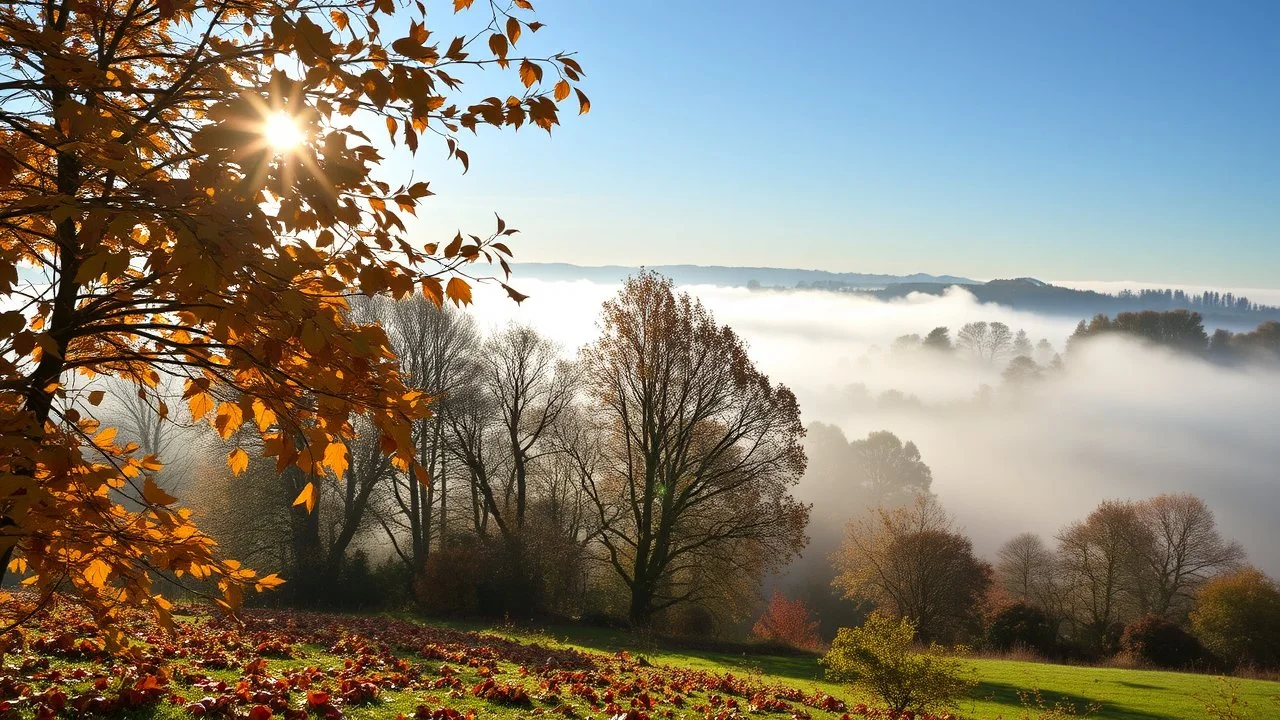 Autumn: falling leaves, Misty mornings, fog over distant fields or forests, sunshine; people wear scarves, woolly hats, gloves, steaming hot drinks; birds migrating, squirrels gathering nuts, rabbits, chestnuts, acorns, berries, rowan, holly, mistletoe, beautiful colours, atmospheric. Award winning photograph.