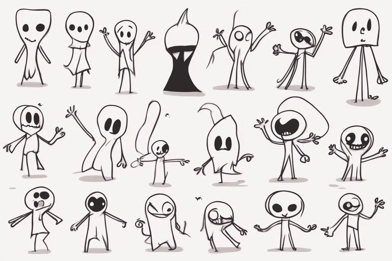 make a bunch of simple hand-drawn spooky and cute cartoon characters with bodies arms, and legs I could draw and make them all different