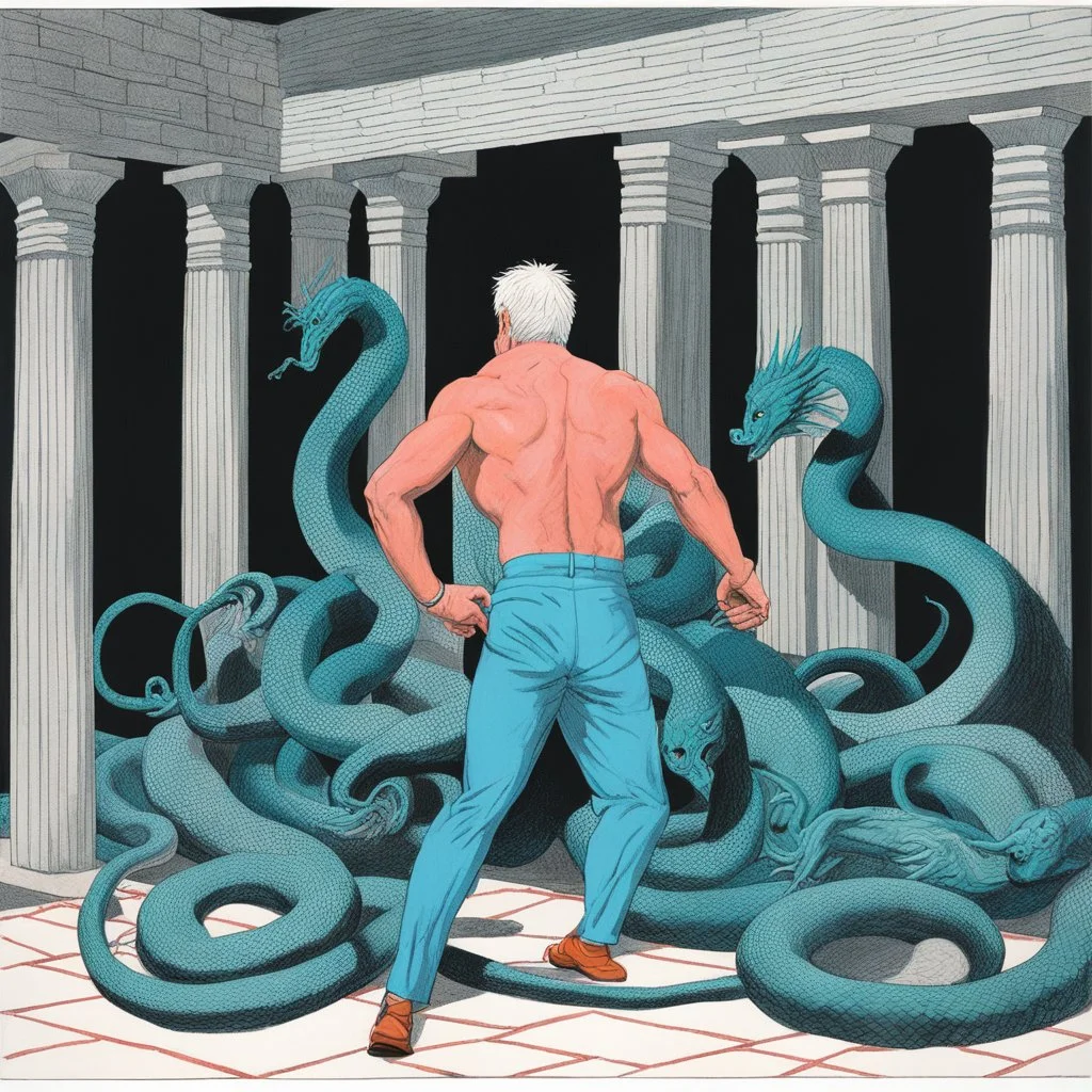 #5 Original Art by David Hockney (Vortex Comic, 1988): [greek god model in flesh] Trapped in a forgotten temple, a man fights against two immense serpents. his face contort in pain, muscles straining against the relentless grip. His struggle embodies resilience and the pursuit of freedom. In the decaying ruins, his defiance resonates deeply. With unwavering determination, he refuses to yield. Bound by an unbreakable bond, he draw strength from each other. his battle echoe