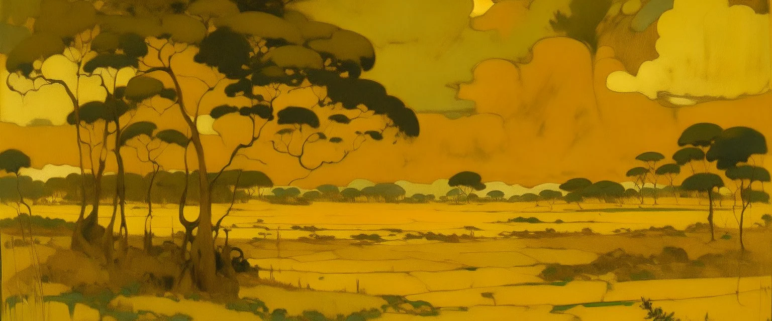 A golden yellow savanna with an arena in a thunderstorm painted by Piet Mondrian