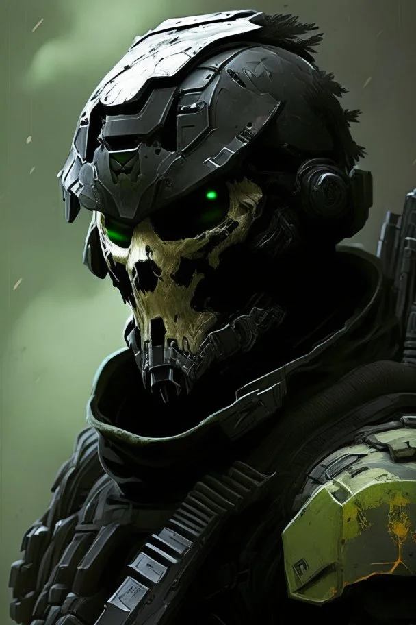 A soldier in the game Titan Fall 2 , he wears a BLACK skull helmet that covers his face, he is a rifleman, and his callsign is Titan. His colors are black and dark olive