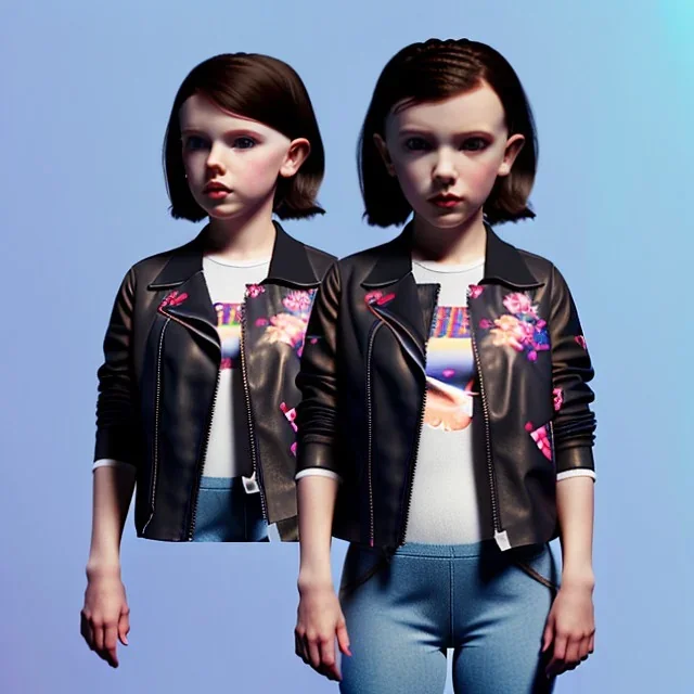 Millie bobby brown toddler, full body, leather jacket, floral shirt, floral skirt, Nike sneaker, soft skin, city background, dramatic lighting, hyper realistic