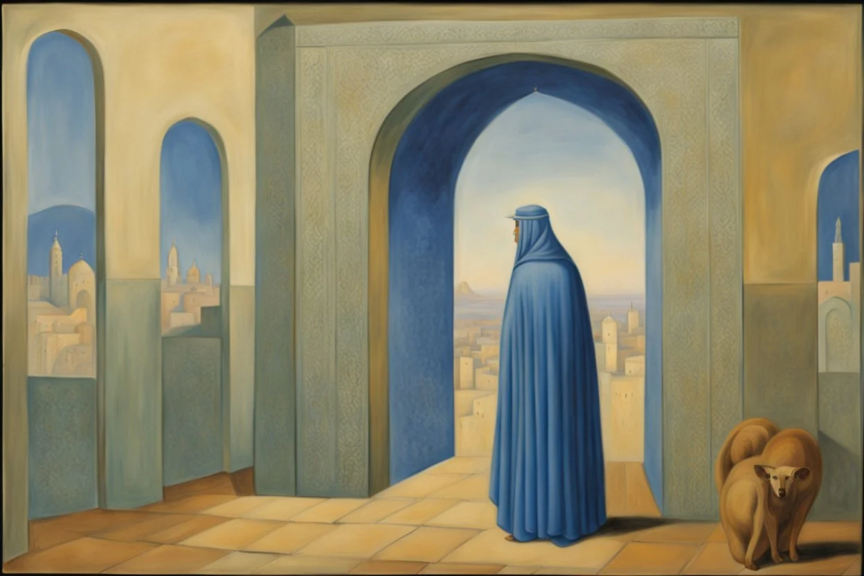 an open Arab gate in a blue-tiled wall with a view of an old city by artist "Rene Magritte",by artist "Leonora Carrington"