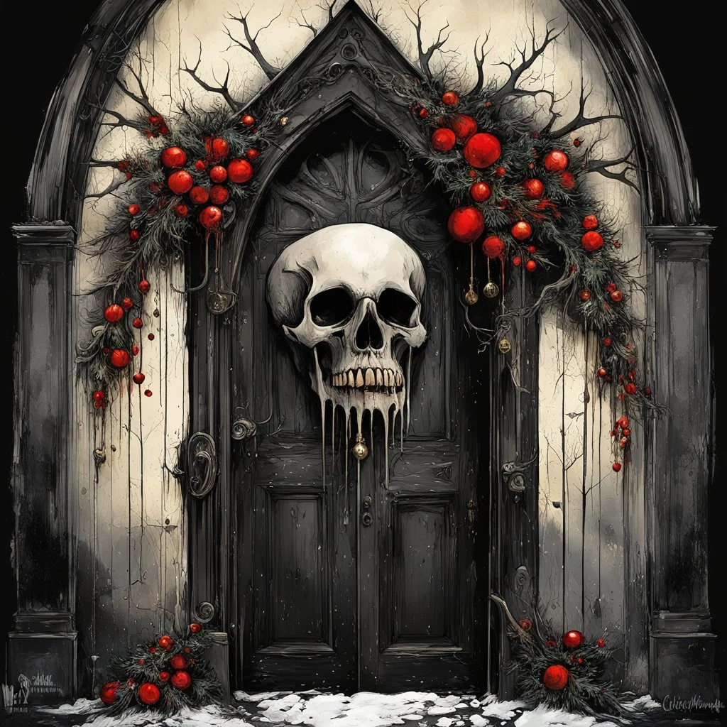 Macabre Dark Shines Christmas skull Wreath hanging on gothic church door, surreal horror art, by Stephen Gammell, by Salvador Dali, by Dave McKean, stylish, melting acrylic, vivid Christmas colors, asymmetric, macabre creepy composition, visceral textures, deep shadows, dead garland and holly, decay rot dystopia, by Russ Mills, the Chrismas bells have stopped