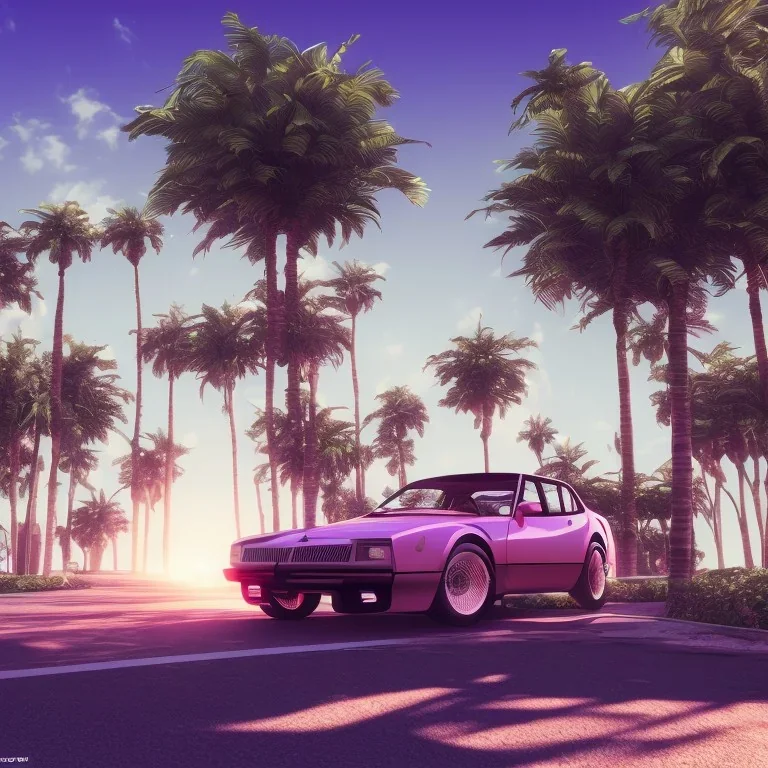 1980's aesthetic vaporwave palm trees with spheres and car