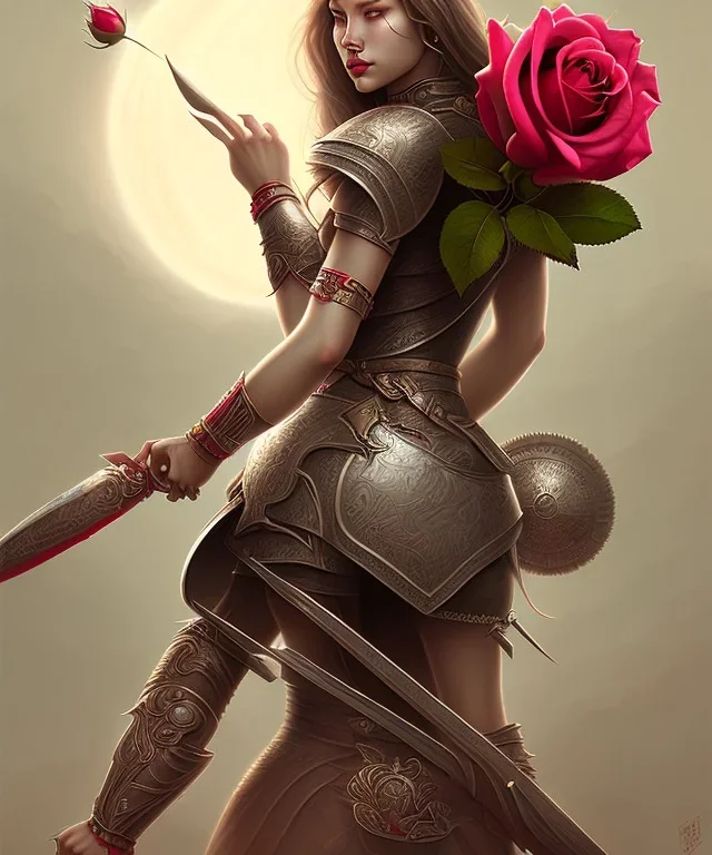 lady warrior with rose short and flower