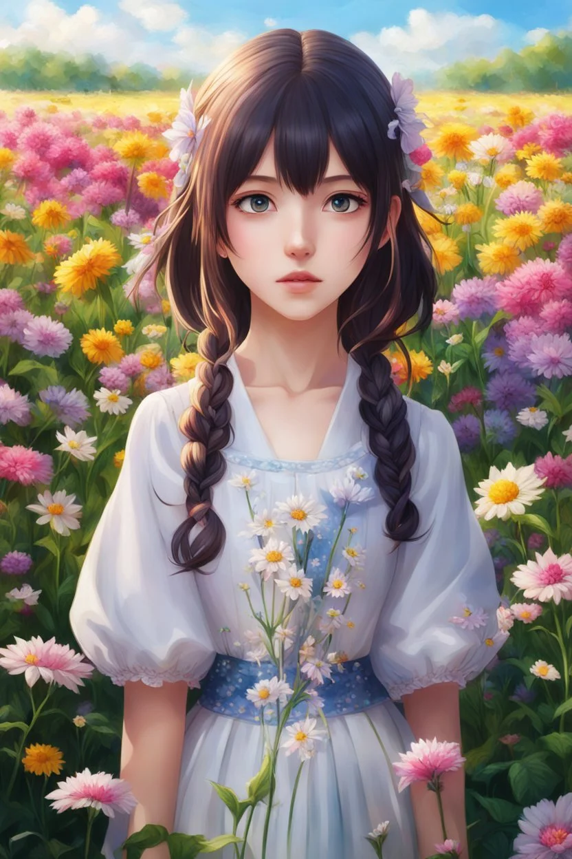 a girl standing in a field of flowers, medium view face, beautiful anime portrait, realistic anime art style, beautiful anime art style, realistic cute girl painting, beautiful anime art, stunning anime face portrait, high quality, 4k