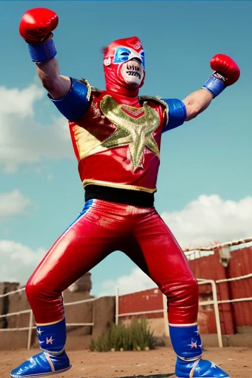 realistic image of joe biden as a mexican wrestling fighter posing, Mexican eyes wrestling mask, red and blue breeches, retro style, 80s, vibrant color, highly detailed, sky background, concept art, unreal engine 5, god rays, ray tracing, RTX, lumen lighting, ultra detail, volumetric lighting, 3d, finely drawn, high definition, high resolution.