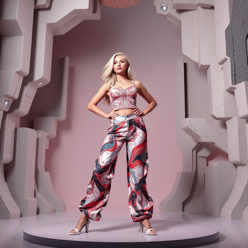 picture of lady with a top and cifi pants stye design posing in a 3d recursive structures stage
