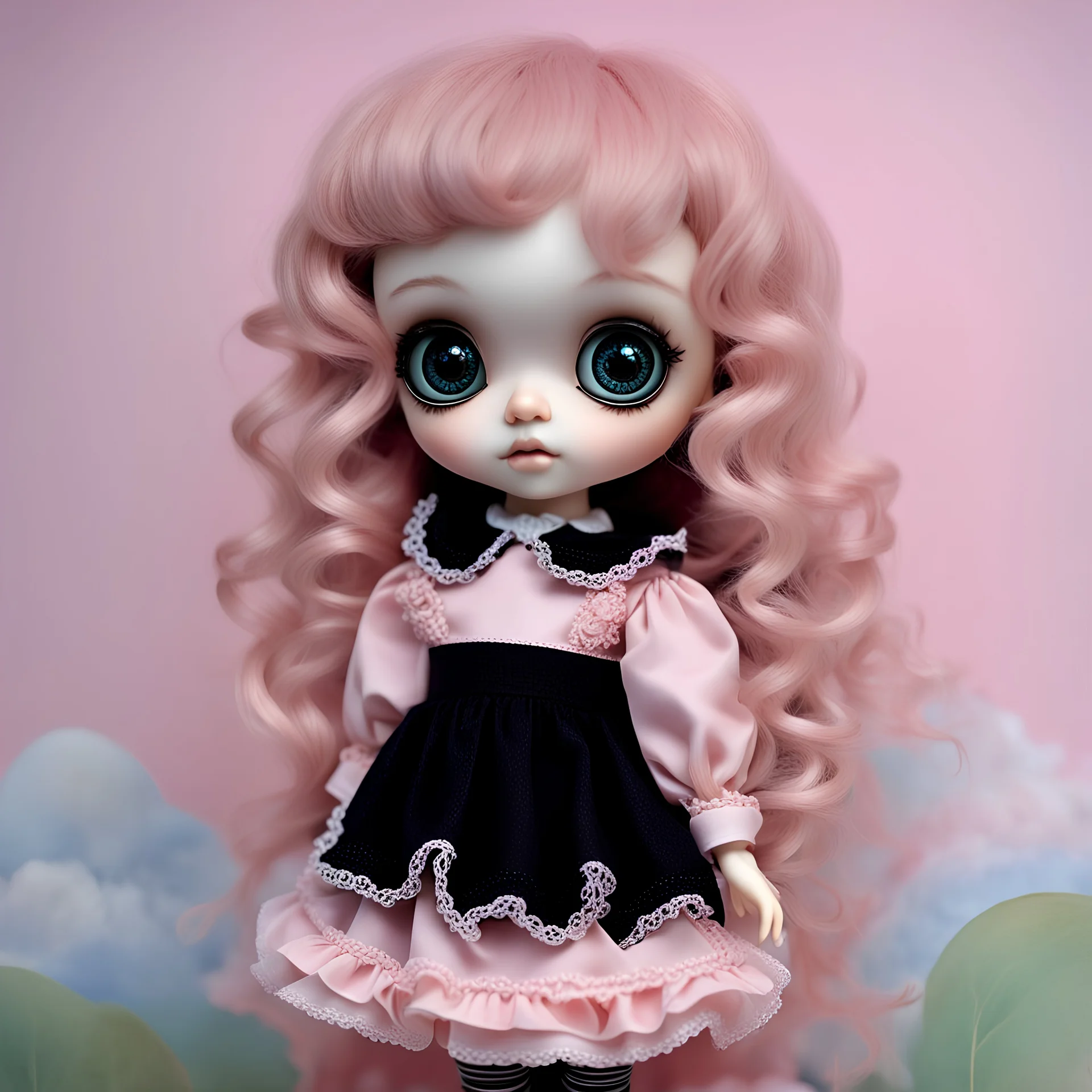 a glassy porcelain BJD doll with long wavy two-toned hair, wearing a frilly pastel pink, puffy dress and black Mary Jane shoes with frilly white socks. The doll has big eyes and soft pink blush, a small nose, and big lips, pastel pink, cloudy backdrop background