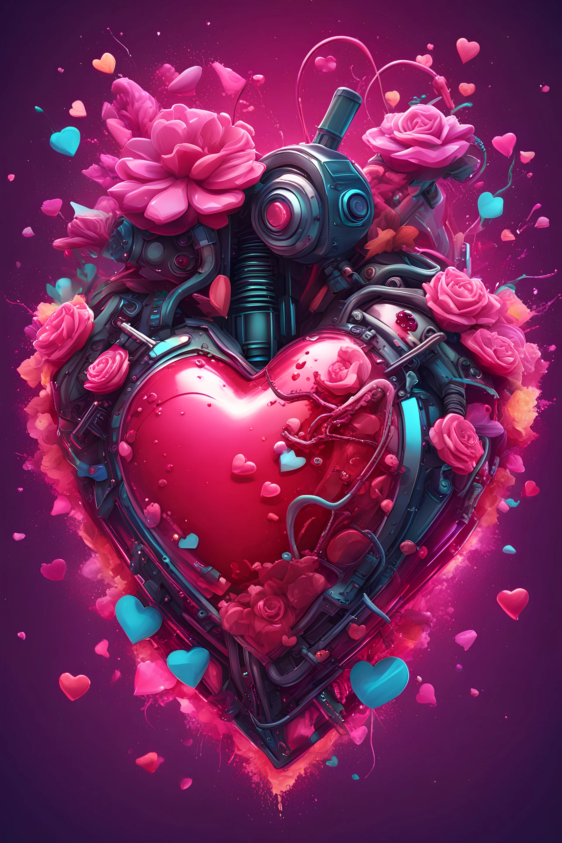 Cyberpunk valentine 3D illustration of heart tshirt design flowers splash tshirt design, advertisement, art, autumn, background, banner, card, cartoon, happy, hat, holiday, illustration, smooth 3d digital art, exquisite thee-dimensional rendering, 4K, blender, c4d, octane render , disney style 3d light, Zbrush sculpt, concept art, Zbrush high detail, pinterest Creature Zbrush HD sculpt, neutral lighting, 8k detail