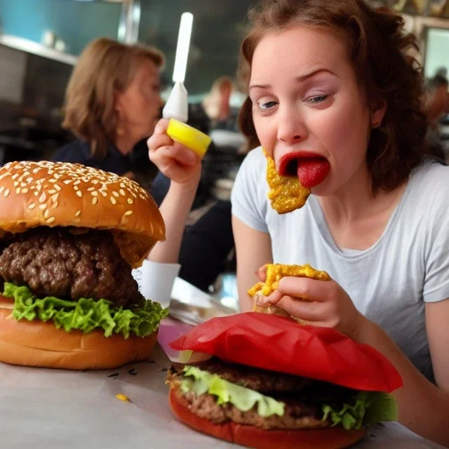 Greta eating human burgers oozing with grease.