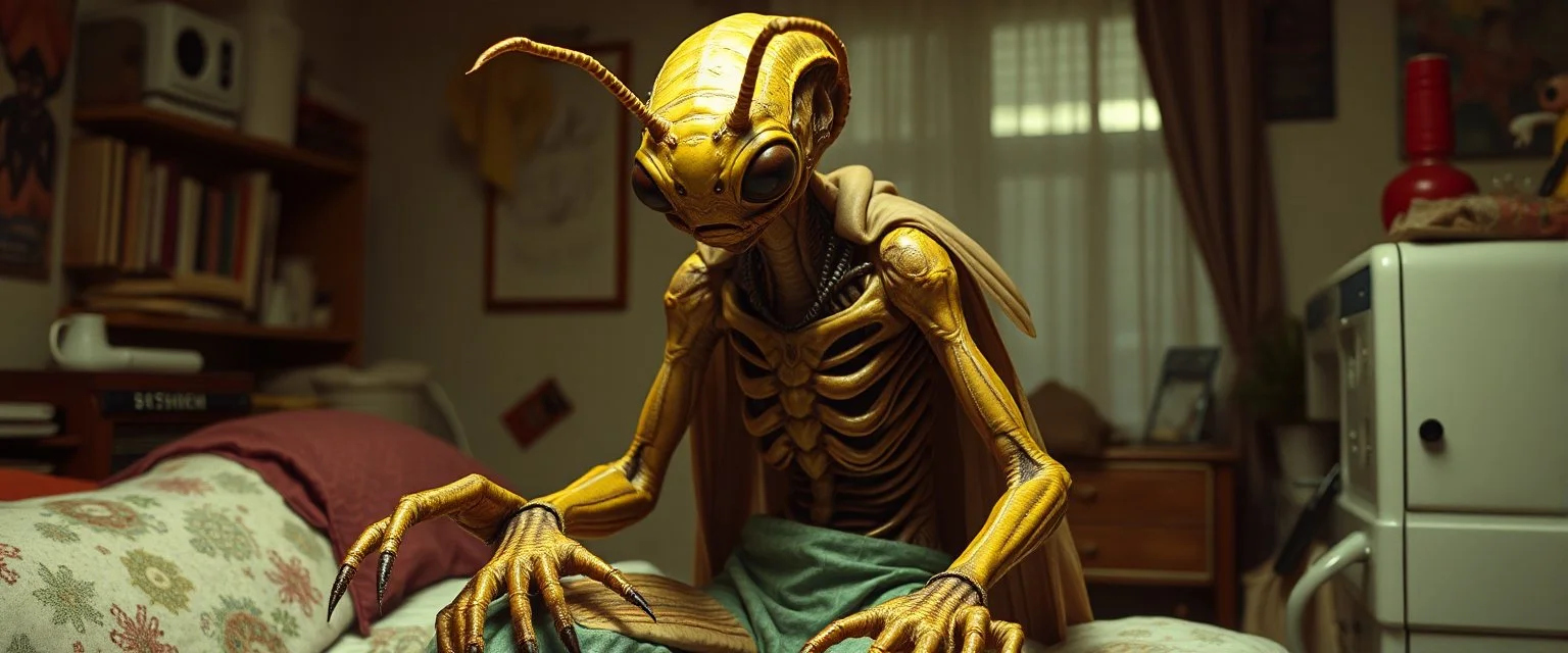 Xixchil Insectoid alien surgeon covered in bizarre biological modifications and extra limbs. Sewing machine, banana Keeps offering completely unnecessary “improvements.” in 70s apartment and clothes