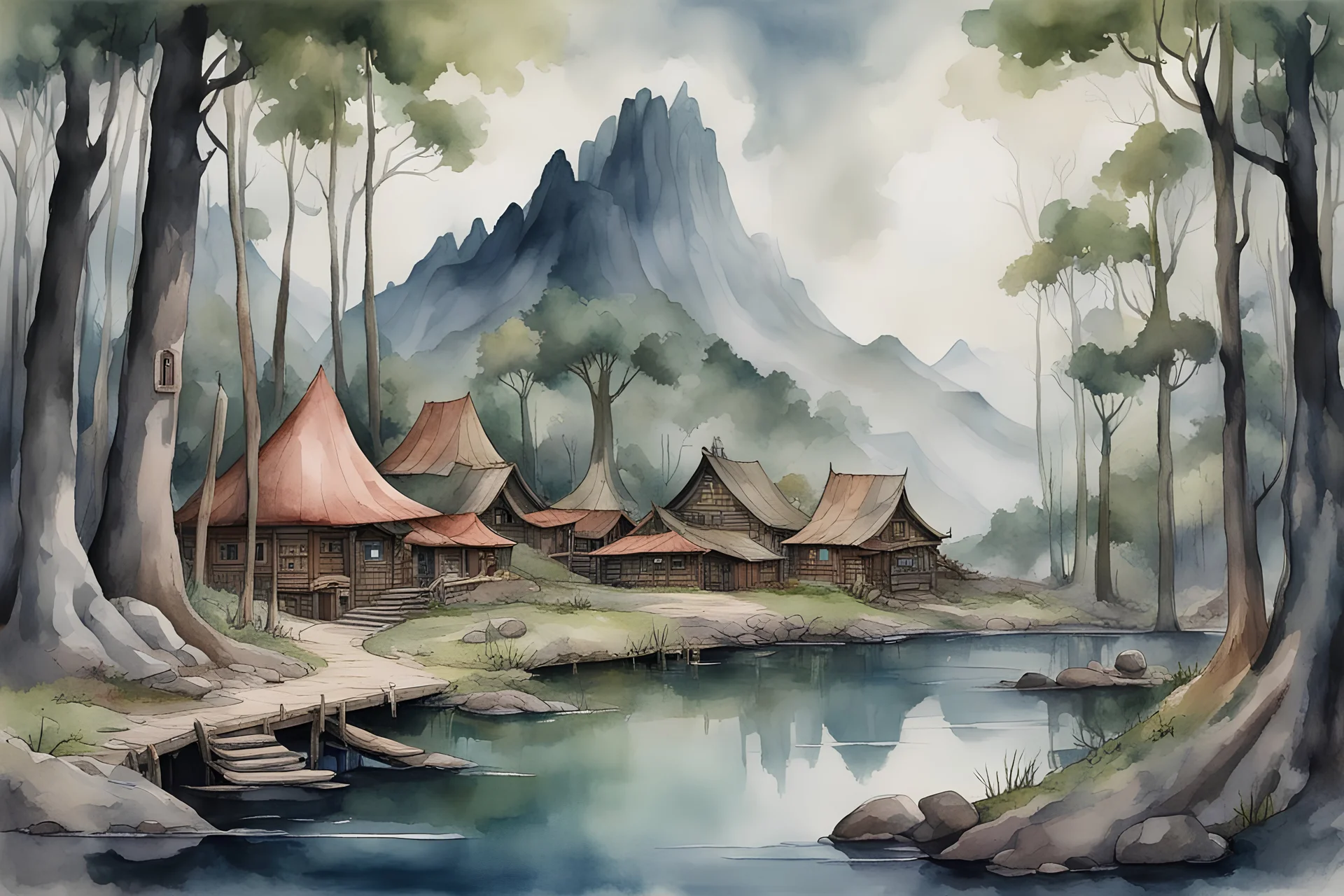 fantasy watercolor painting of an elf village at the edge of an ominous dark forested hill the the shore of a large lake. with round buildings embedded in tree trunks. small dock along the lakeshore.