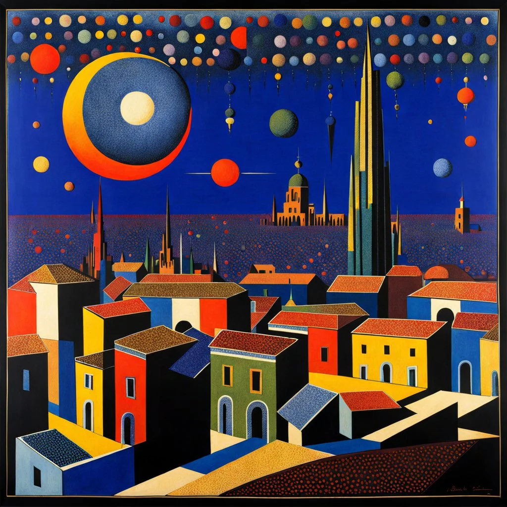 City with many colors, solchi e rilievi, dark blue decal pointillism Max Ernst