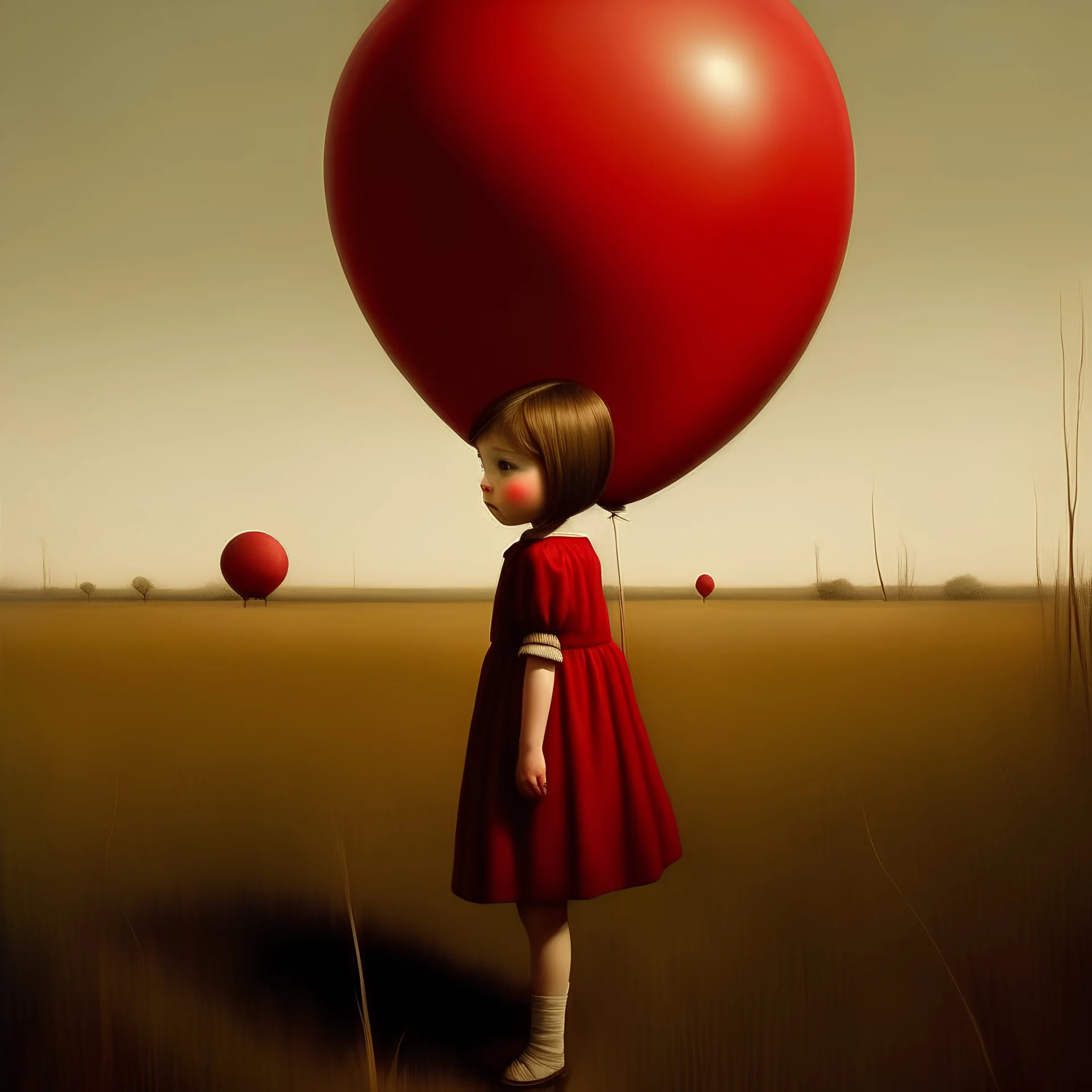 A girl talking to à red balloon, in a field, in the style of Margaret Keane