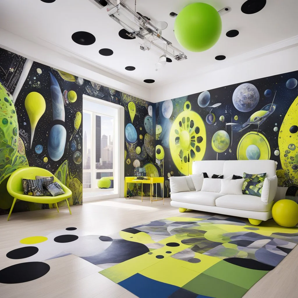 photo-realistic and highly detailed, weird but also humorous, this big room sees very cute girl in neo-dada outfit playing alien creatures in a 4D psionic competition. It is a playroom with surreal boho wall art, white, black, mustard, lime green, indigo geometric paintings, abstract sci-fi dream aesthetic