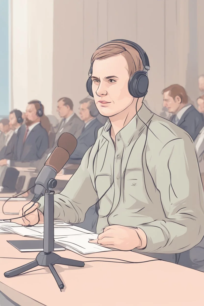 A simultaneous translator of Slavic appearance is sitting at a table with headphones with a microphone at a briefing, in a large hall, there are a lot of translators around, the background is blurred, everything is in pastel light colors