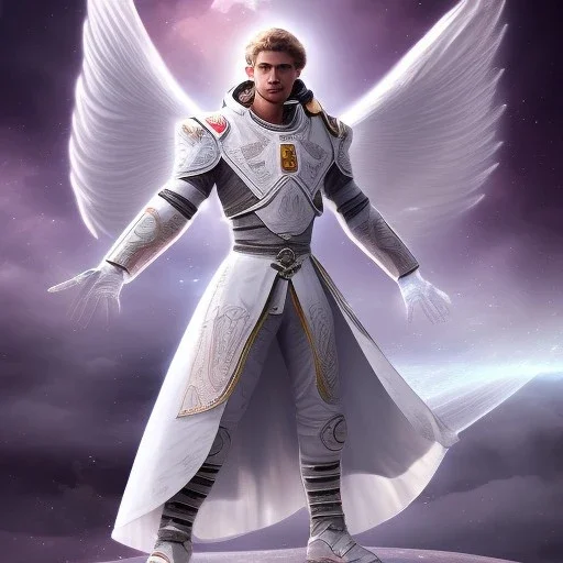 First image is of the main character full body. He’s to look like a powerful angel with white robe, symbols on hands glowing, His background should be that of space above with stars and standing on a paradise of a planet. His belt can transform into a white dragon.