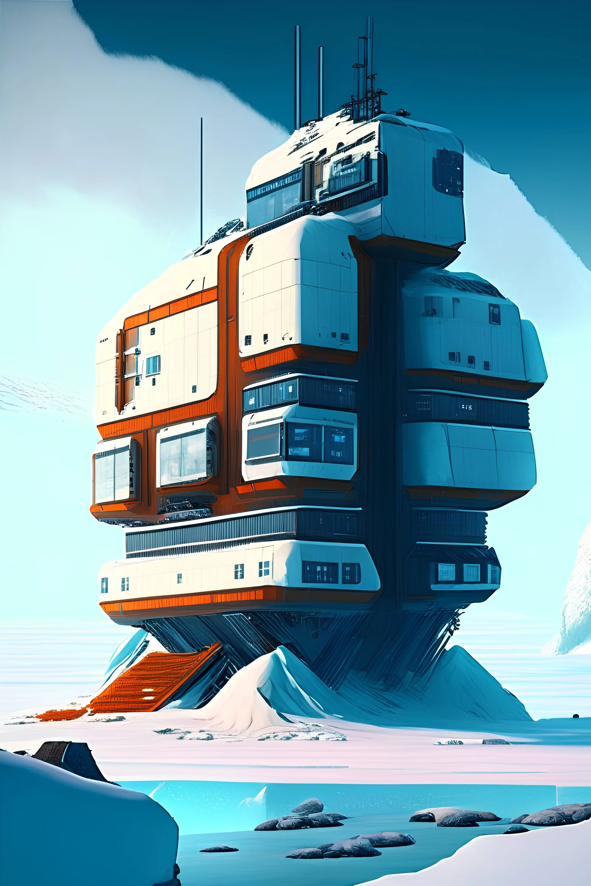 Antarctic cubic flat Research station but on an alien planet