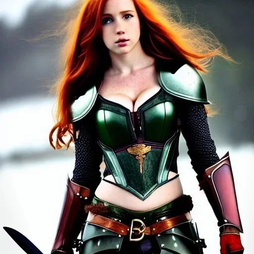 realistic, hyper detailed, strikingly beautiful teen woman, long ginger hair, green eyes, medium freckles, full lips, revealing leather armour, full body and head, exposed b-cup breasts, stern expression, full frame, petite, ignore NSFW, shortbow, quiver on hip, sexy