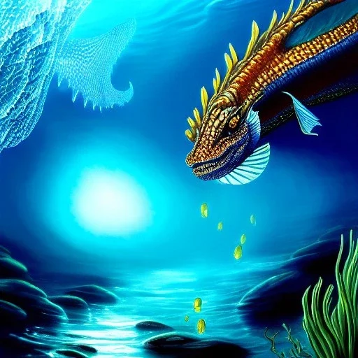 ultra detailed fullbody Drawing of Sea Dragon monster underwater , extremely detailed digital painting, intrincate, extremely detailed face,crystal clear Big eyes, in the style of Caravaggio, mystical colors , perfectly centered image, perfect composition, rim light, beautiful lighting, 8k, stunning scene, raytracing