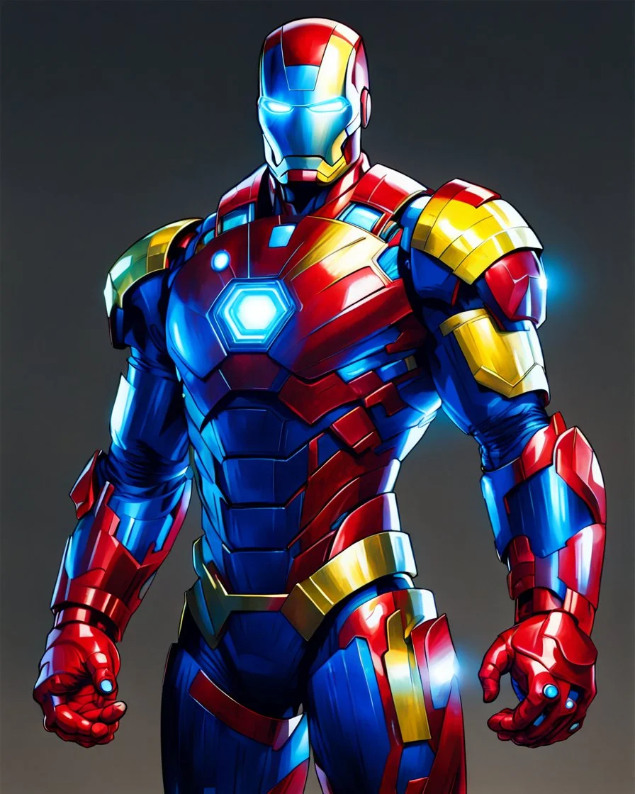 Super Iron Man, blue and red and yellow armor, kryptonite powered,