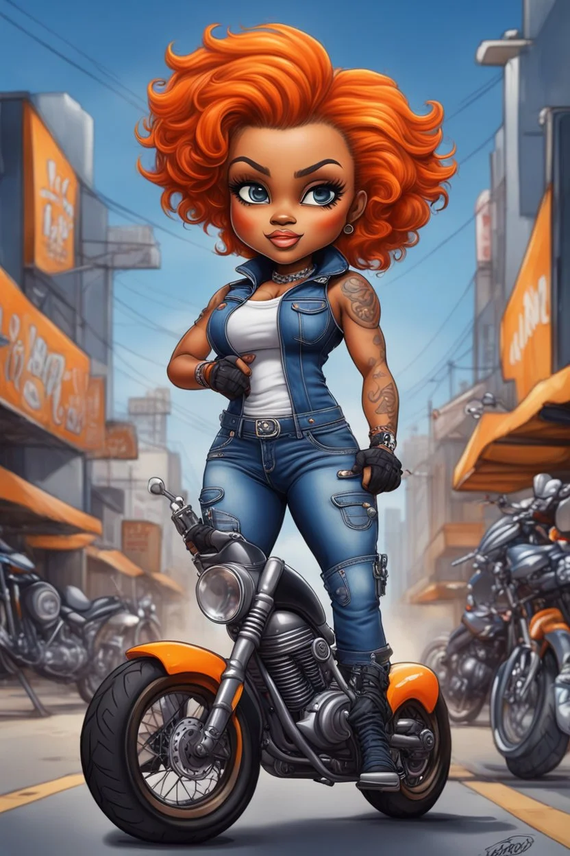 airbrush illustration of the chibi cartoon character, a voluptuous black female in a blue jean outfit with biker boots. Her prominent makeup and hazel eyes, along with her detailed orange pixie haircut, are featured in this image, set against the background of a lively bike show.