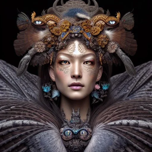 Insanely detailed photograph of an elaborate beautiful hawk goddess intricate glowing skin eyes intricate face hair lashes fur dress hyperdetailed painting by Anna Dittmann Huang Guangjian and Dan Witz CGSociety ZBrush Central fantasy art album cover art 4K 64 megapixels 8K resolution HDR Greek shiny space colours jewelry celestial hair eyes light"