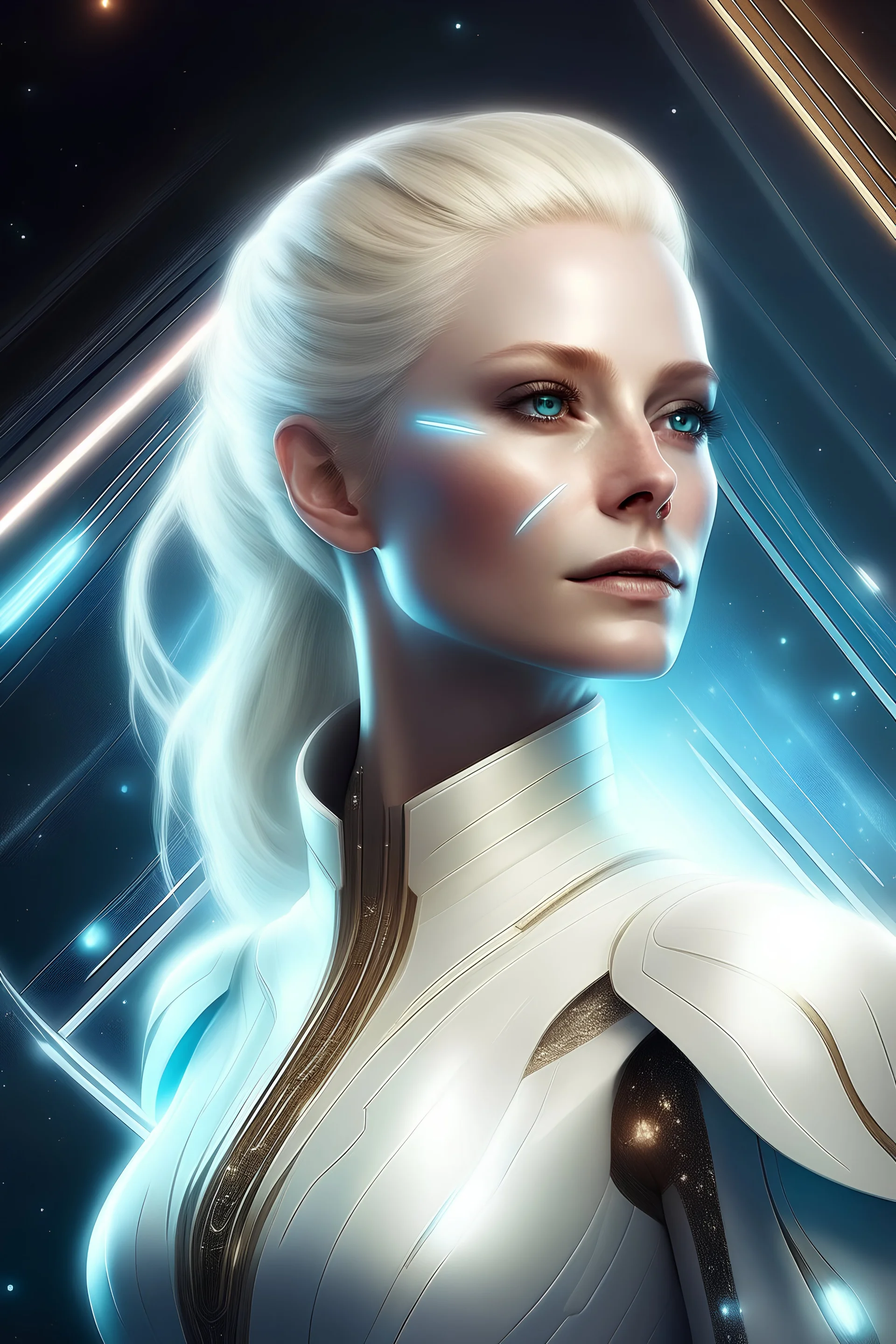 Très belle femme galactique très féminine leader reconnecte les humains à leur lumière intérieure. Elle est chef de haut rang de flottes de vaisseaux blancs, elle baignée de lumière