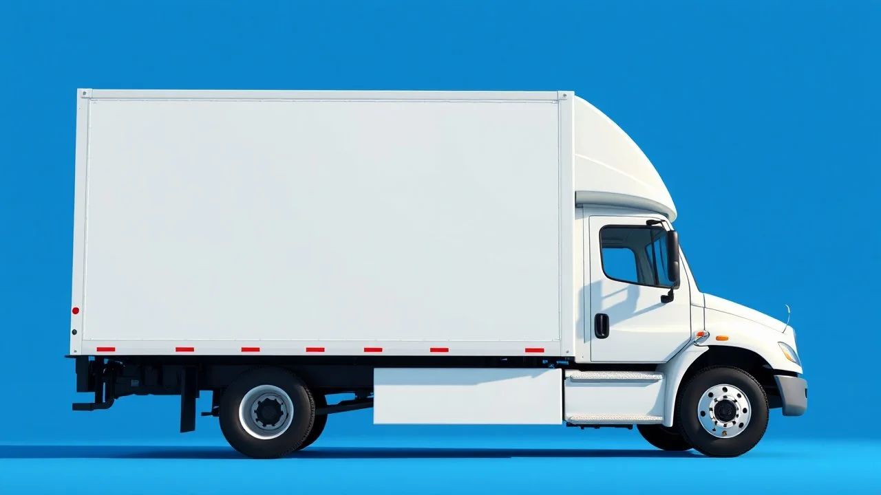 side profile of a white generic North American medium commercial truck with oversized cube box, blue background, Pixar comedic
