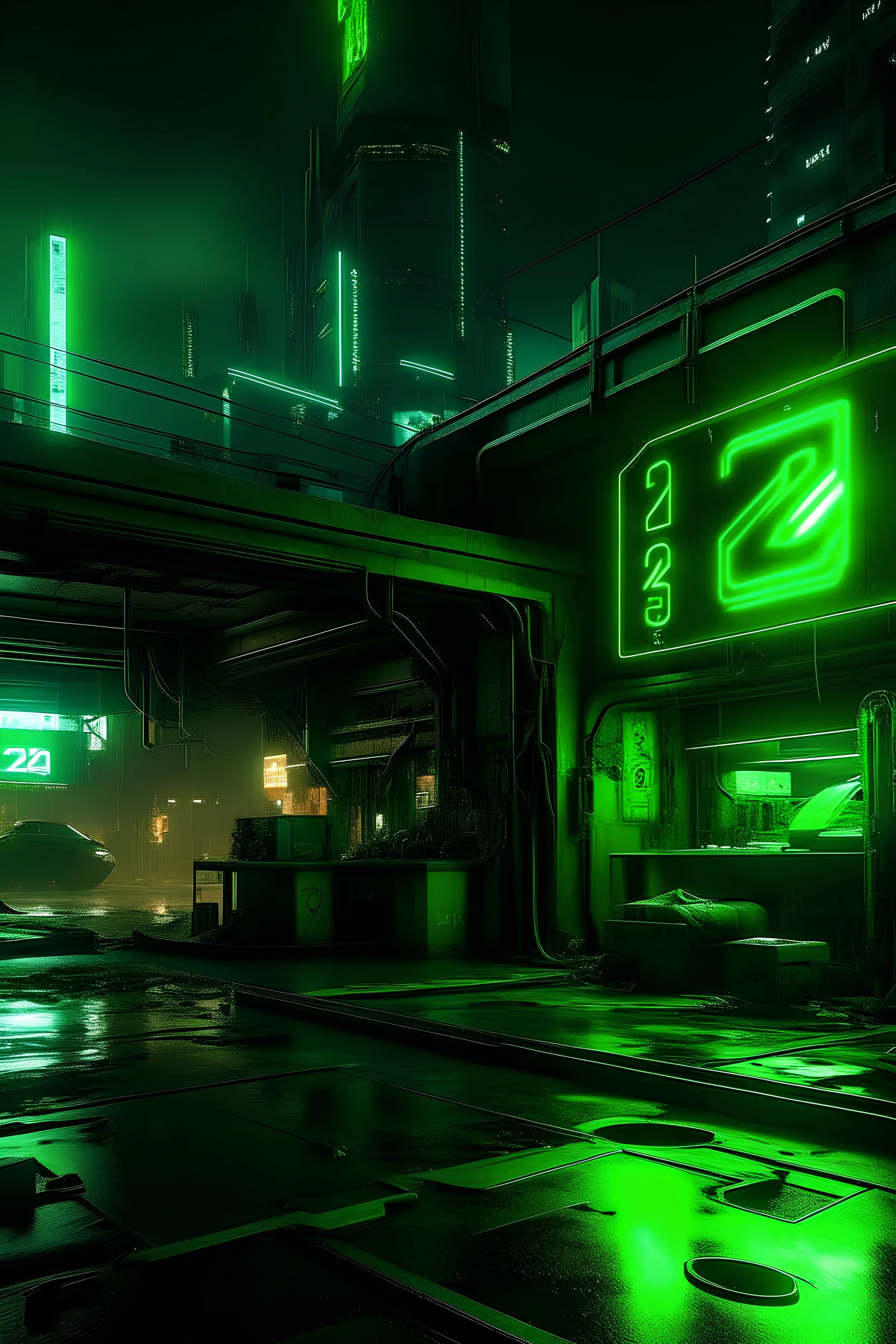 pos-apocalyptic cyberpunk city, a plubicity showing the number "2222", illuminated green neon, dark, high contrast