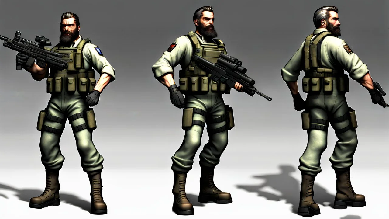 ps2 graphic, military, male, sci fi, game character, full body, t-pose, 3d render, old school shooter, middle aged, beard,