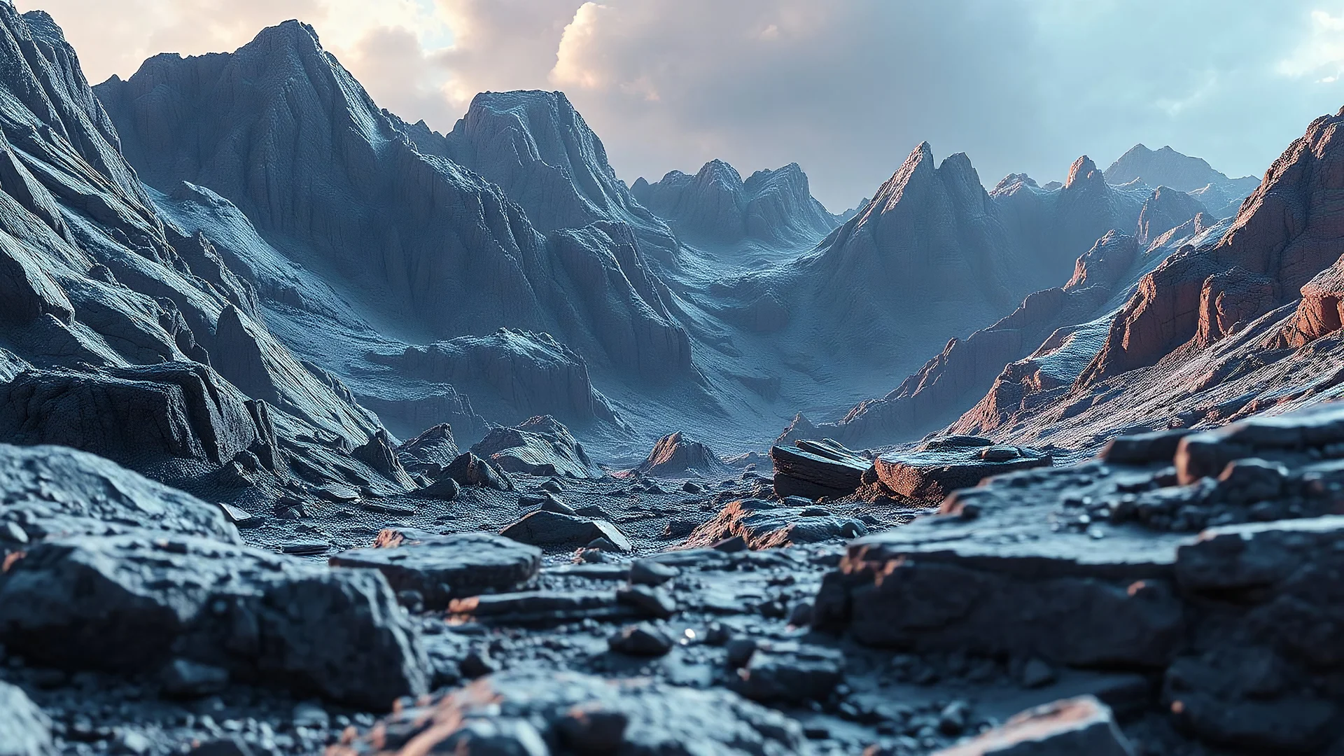 realistic photo of a landscape covered in granite that looks futuristic with futuristic lighting