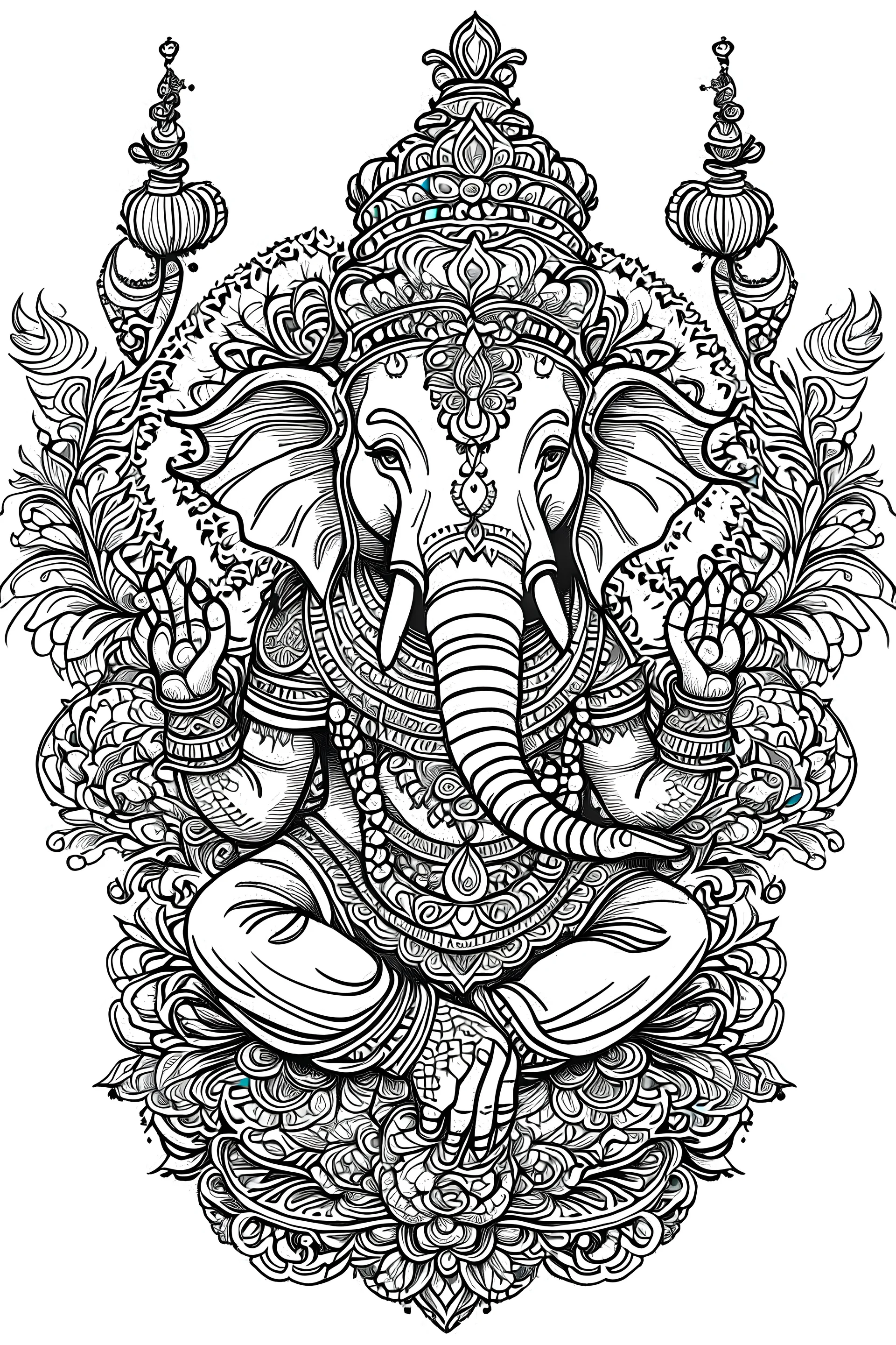 Outline art for coloring page, BOHEMIAN GANESH, coloring page, white background, Sketch style, only use outline, clean line art, white background, no shadows, no shading, no color, clear