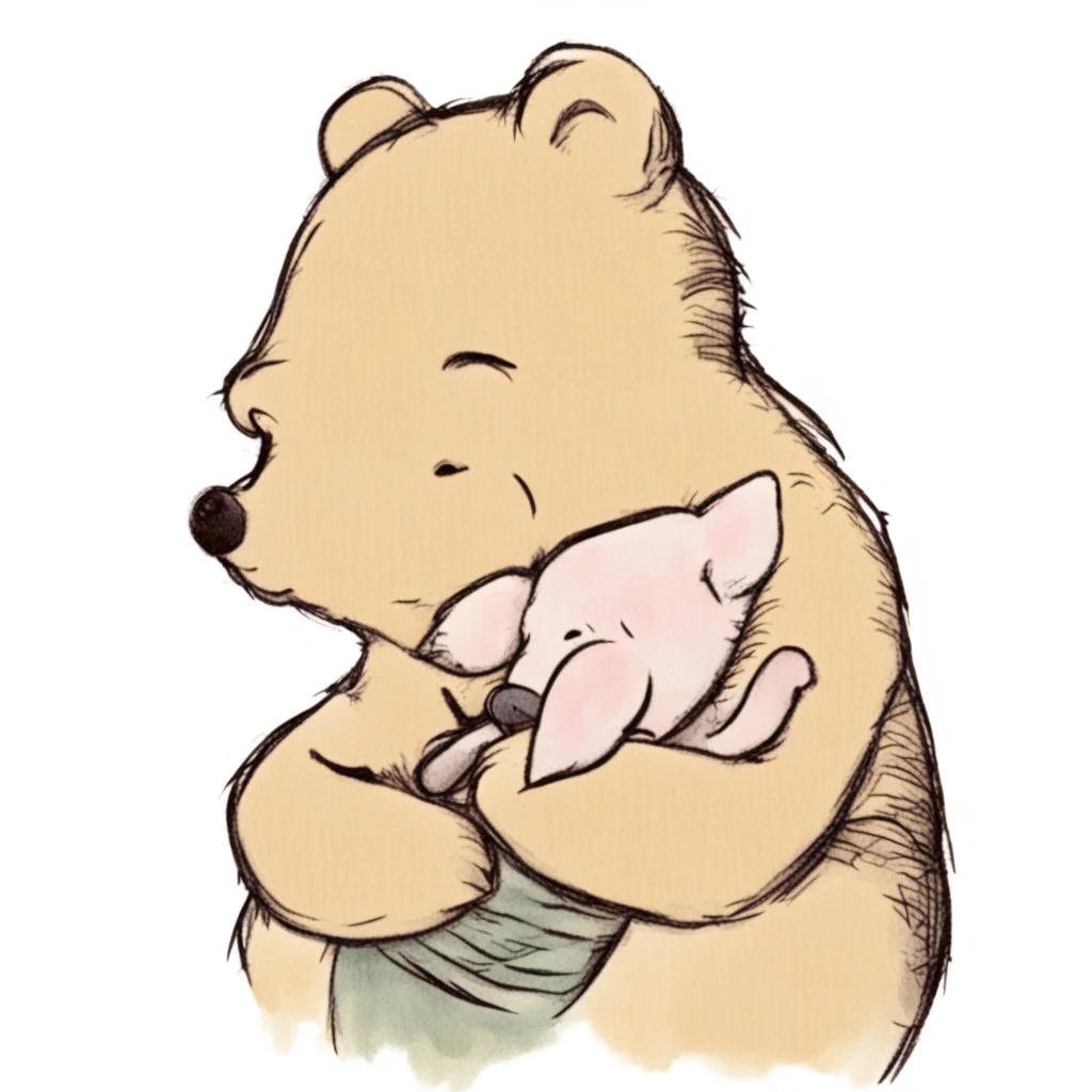 simplified illustration of Winnie the pooh cuddling a pig