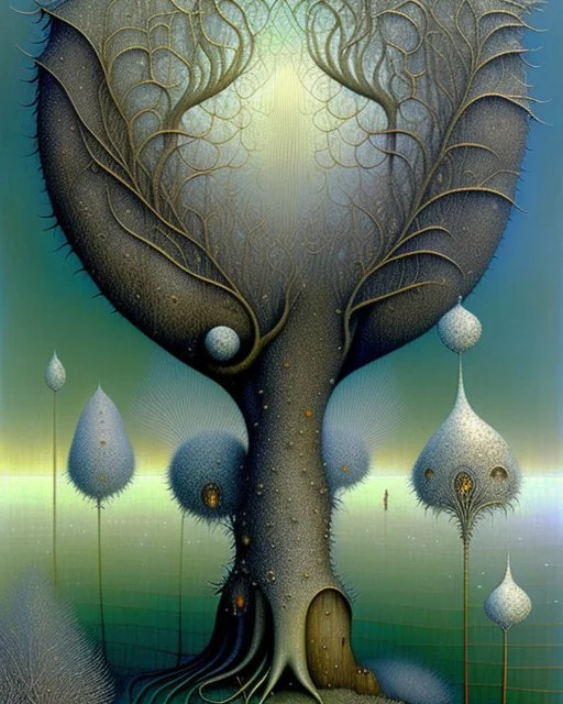 Richly textured Hieronymus Bosch, Catrin Welz-Stein, William Turner, Zdzisław Beksiński, Jacek Yerka oil on canvas zentangle line art style mix, surreal frosted fantasyland winter oceanscape, hoarfrost on trees, high grasses, snow and cottages, withered flowers, pale sunrise; paint splatter, beautiful vibrant colors, reflections, SK, flying seagulls, dramatic clouds, snowfall.