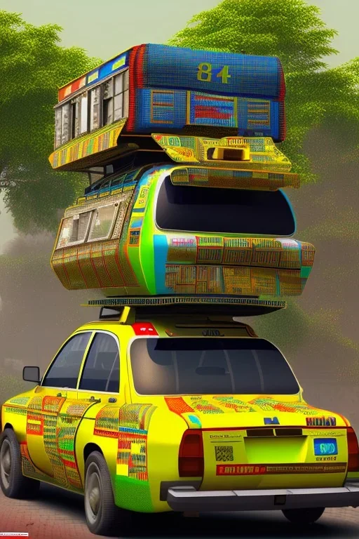 cyberpunk, kente, ghana taxi, ghana bus, village, 8k quality