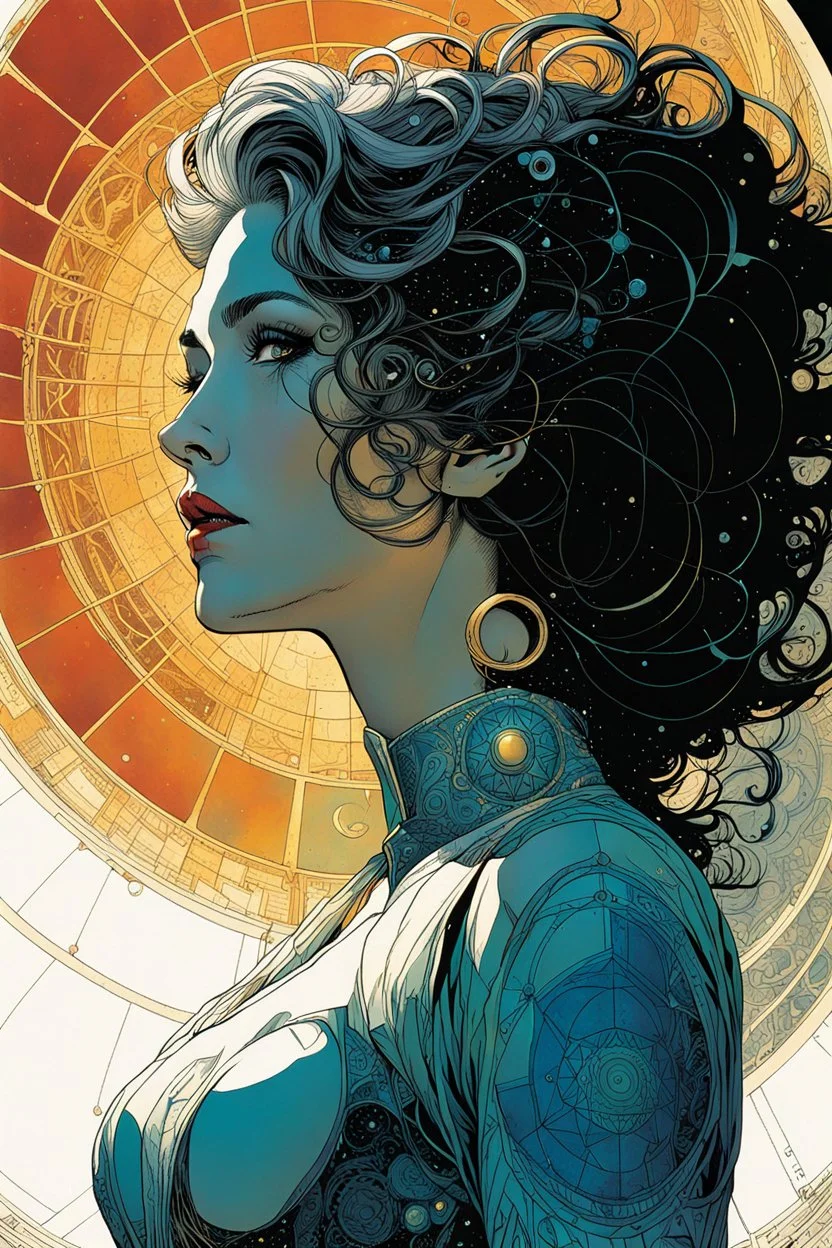 create an ethereal, otherworldly woman, her body formed utilizing sacred geometry, Fibonacci sequence, golden ratio, in the comic book art style of Mike Mignola, Bill Sienkiewicz, and Jean Giraud Moebius, with highly detailed and finely inked facial features , dramatic natural lighting